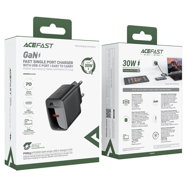 شارژر دیواری Acefast A102 با فناوری GaN، توان 30 وات PD و خروجی USB-C؛ کوچک، سبک و قدرتمند برای شارژ سریع گوشی، تبلت و لپ‌تاپ‌های سبک.