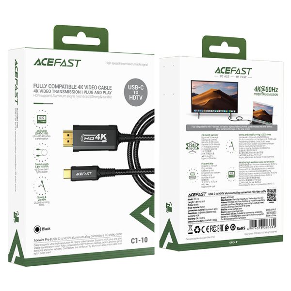 کابل Acefast C1-10 USB-C به HDMI با کیفیت 4K Ultra HD، مناسب اتصال گوشی، لپ‌تاپ و تبلت به تلویزیون، مانیتور و پروژکتور بدون افت کیفیت.