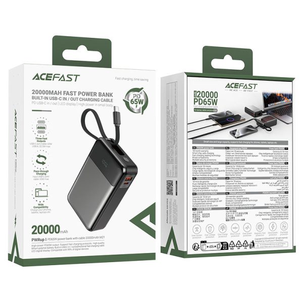 پاوربانک ACEFAST M21 ظرفیت 20000mAh با PD65W، شارژ سریع و همزمان چند دستگاه، طراحی مقاوم و نمایشگر دیجیتال، گزینه‌ای ایده‌آل برای سفر و استفاده روزمره است.