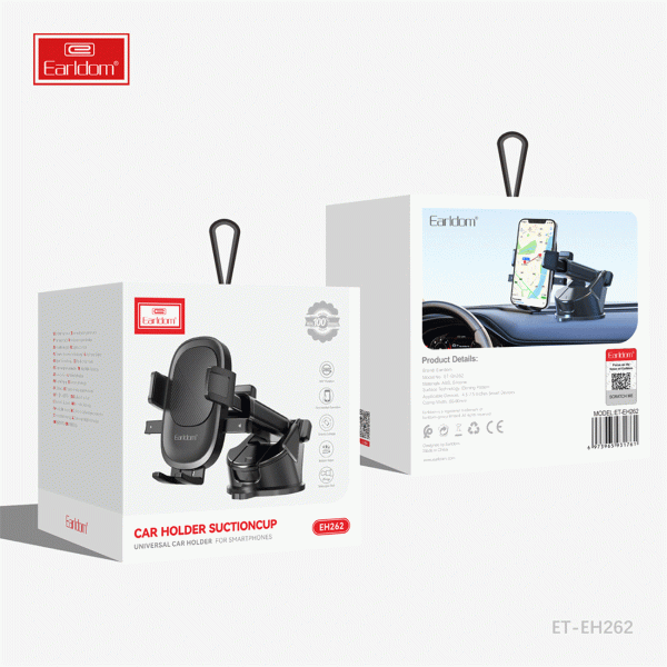 هولدر موبایل Earldom EH262 با طراحی بازویی، قفل محکم و چرخش 360 درجه، انتخابی ایده‌آل برای نصب گوشی روی داشبورد یا شیشه خودرو است.