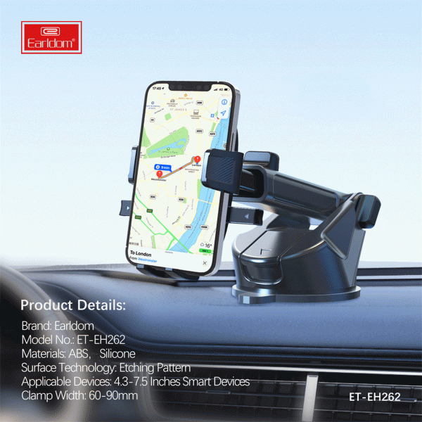 هولدر موبایل Earldom EH262 با طراحی بازویی، قفل محکم و چرخش 360 درجه، انتخابی ایده‌آل برای نصب گوشی روی داشبورد یا شیشه خودرو است.